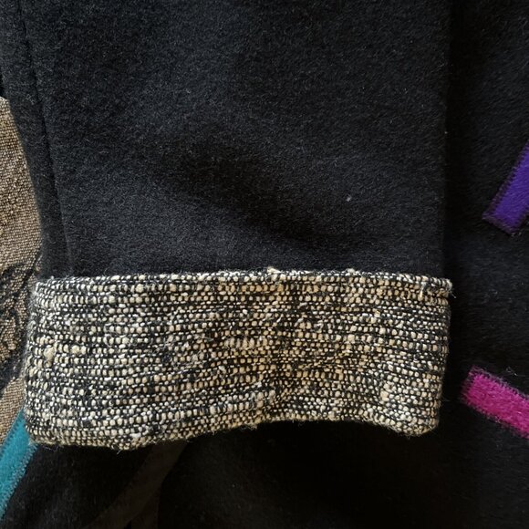 Lynn Murray Black Felt Wool Colorful Wearable Art Applique Patches Jacket Coat M - Picture 12 of 16